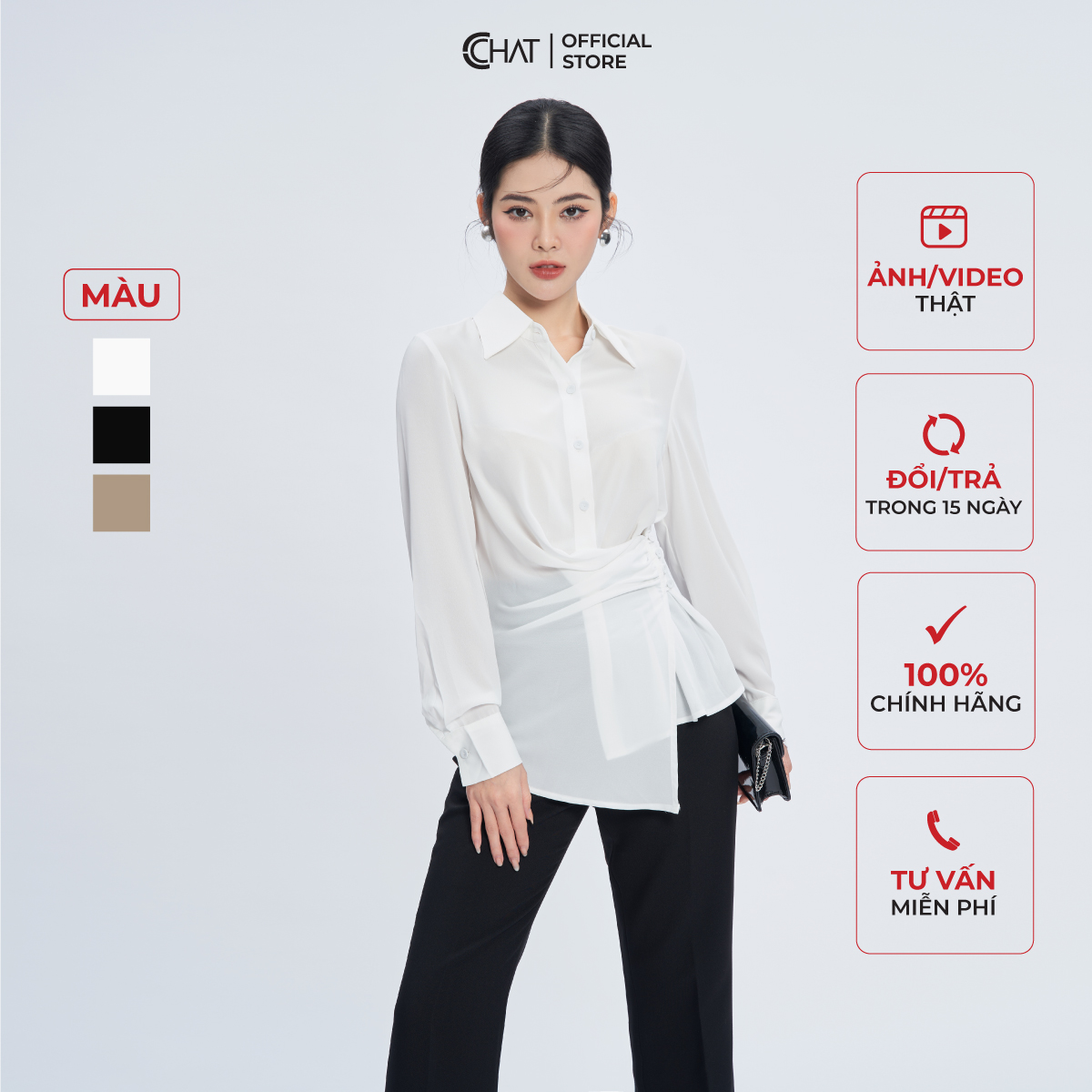 Áo Sơ Mi Nữ  Kiểu Cài Nhún Sườn Chất Liệu Chiffon Cao Cấp 13FDH2017ST