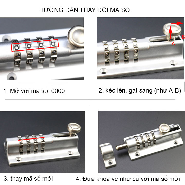 Chốt khóa số cửa với 4 mã thay đổi được, làm bằng hợp kim chắc chắn, chống nước