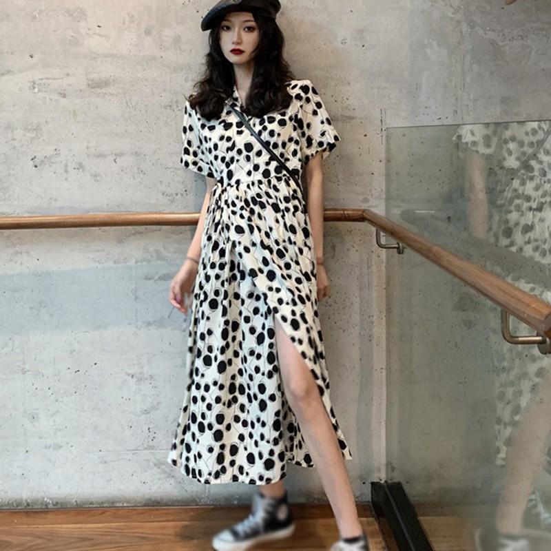 Đầm Ngắn Tay Lưng Cao Họa Tiết Chấm Bi Xinh Xắn Dành Cho Nữ