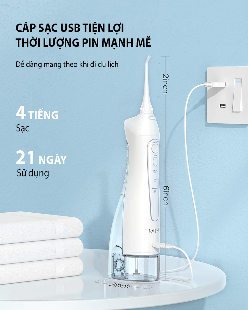 Máy tăm nước cầm tay FAIRYWILL FW-5020E Bản Màu Trắng Thiết kế nhỏ gọn Sạc bằng USB Dễ mang đi du lịch Hàng Chính Hãng