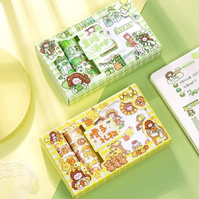 Hình ảnh Hộp 10 cuộn băng giấy và 10 tờ stickers chủ đề dễ thương(có sẵn)