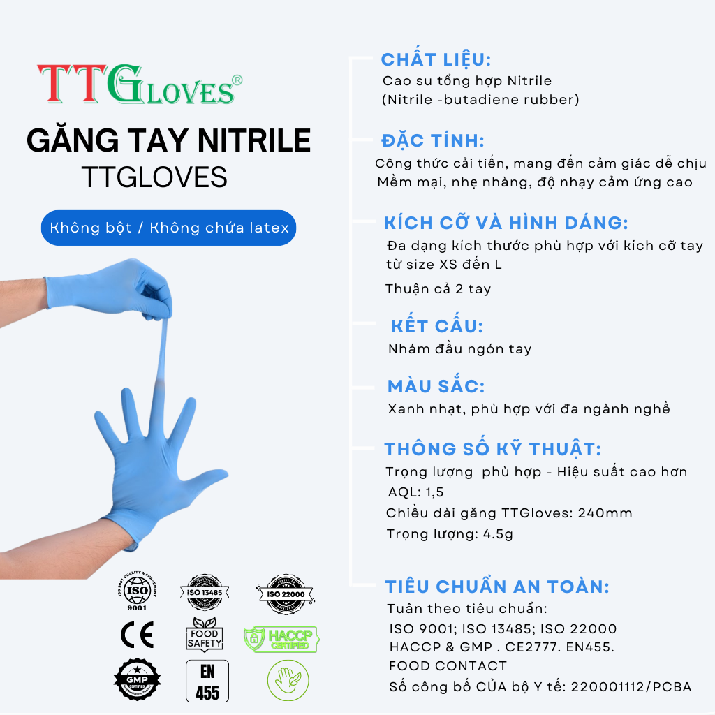 Găng Tay Cao Su Y Tế Size S Không Bột Nitrile TTGLOVES Màu Xanh Nhạt (100 Chiếc)