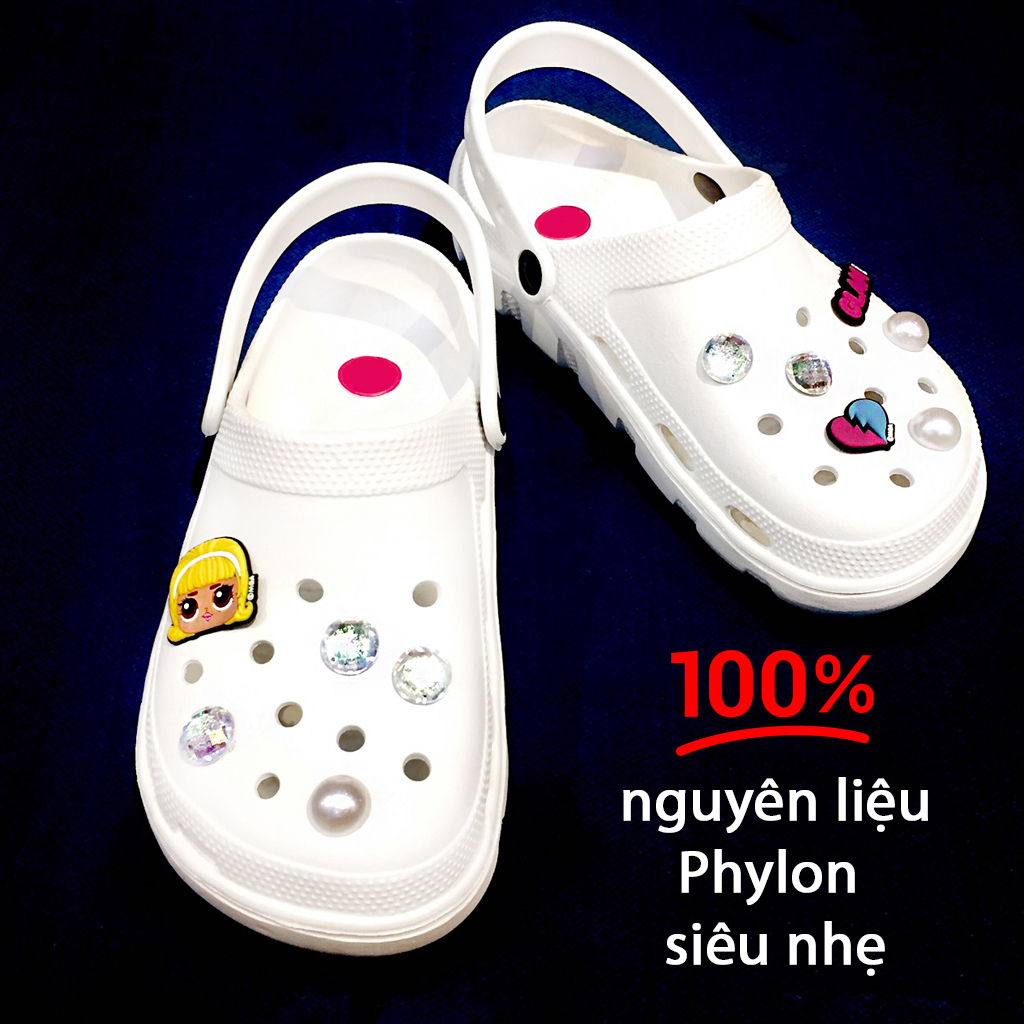Giày sục nhựa nữ Thái Lan màu trắng, bộ Charm cao cấp, nhựa Phylon mềm siêu nhẹ không thấm nước