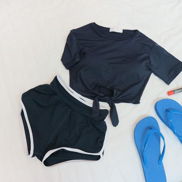 Bikini đồ bơi nữ croptop 2 mảnh quần đùi tặng kèm mút lót ngực phong cách Hàn ông tay lỡ thun lạnh co dãn 4 chiều QP037