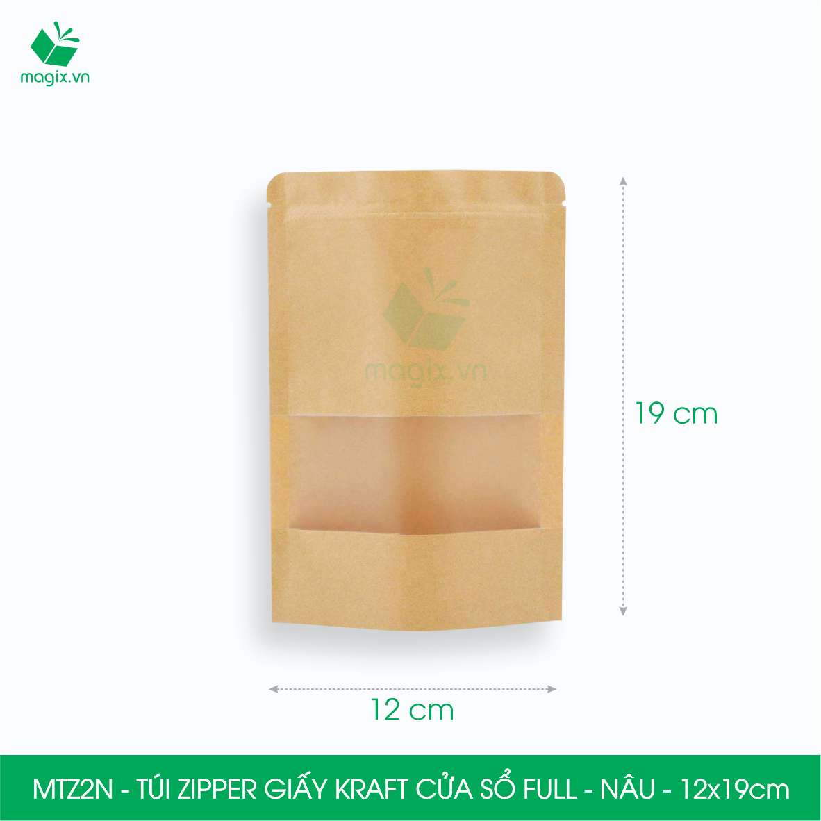 MTZ2N - 12x19cm - Combo 25 Túi Zipper giấy Kraft Nâu đáy đứng có cửa sổ