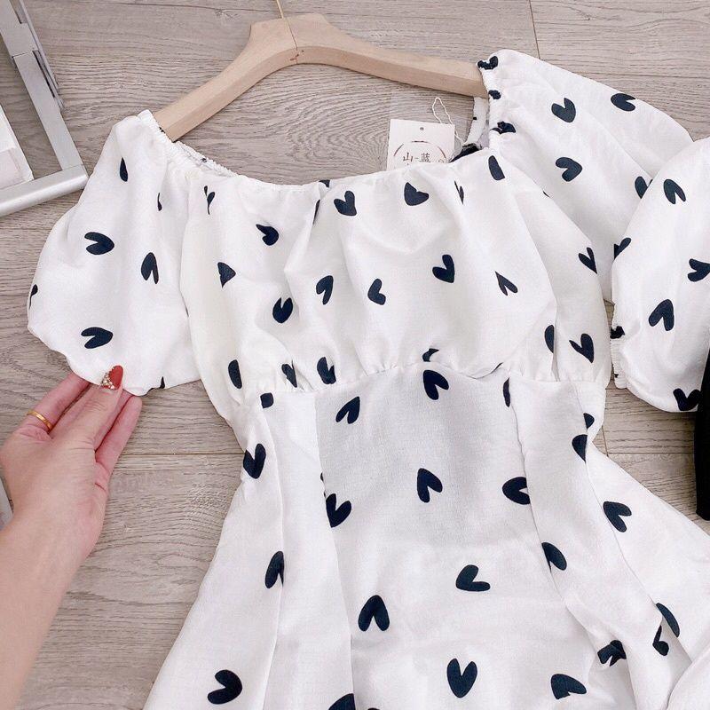 Đầm Nữ Cổ Vuông Họa Tiết Trái Tim Nơ Lưng Cộc Tay Vải Đũi Lụa Q112