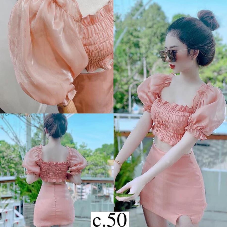 T73-Sét áo trễ vai croptop &amp; chân váy có lót nhúm ngực thời trang nữ chất đũi đen cam