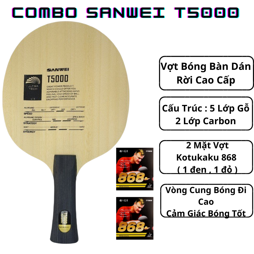 Combo 2 Vợt Bóng Bàn Dán Rời Chuyện Nghiệp : Cốt Sanwe T5000 + 2 Mặt Kokutaku 868