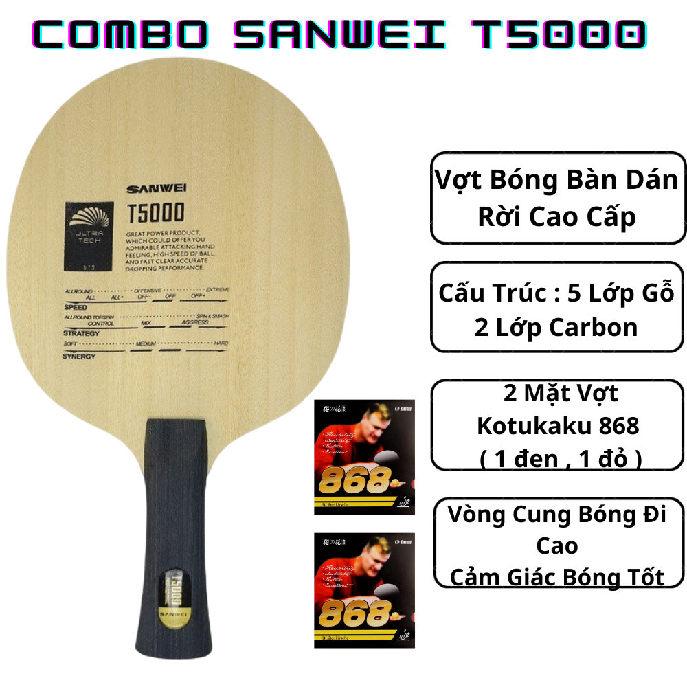 Combo 2 Vợt Bóng Bàn Dán Rời Chuyện Nghiệp : Cốt Sanwe T5000 + 2 Mặt Kokutaku 868  ( 1 đen , 1 đỏ )