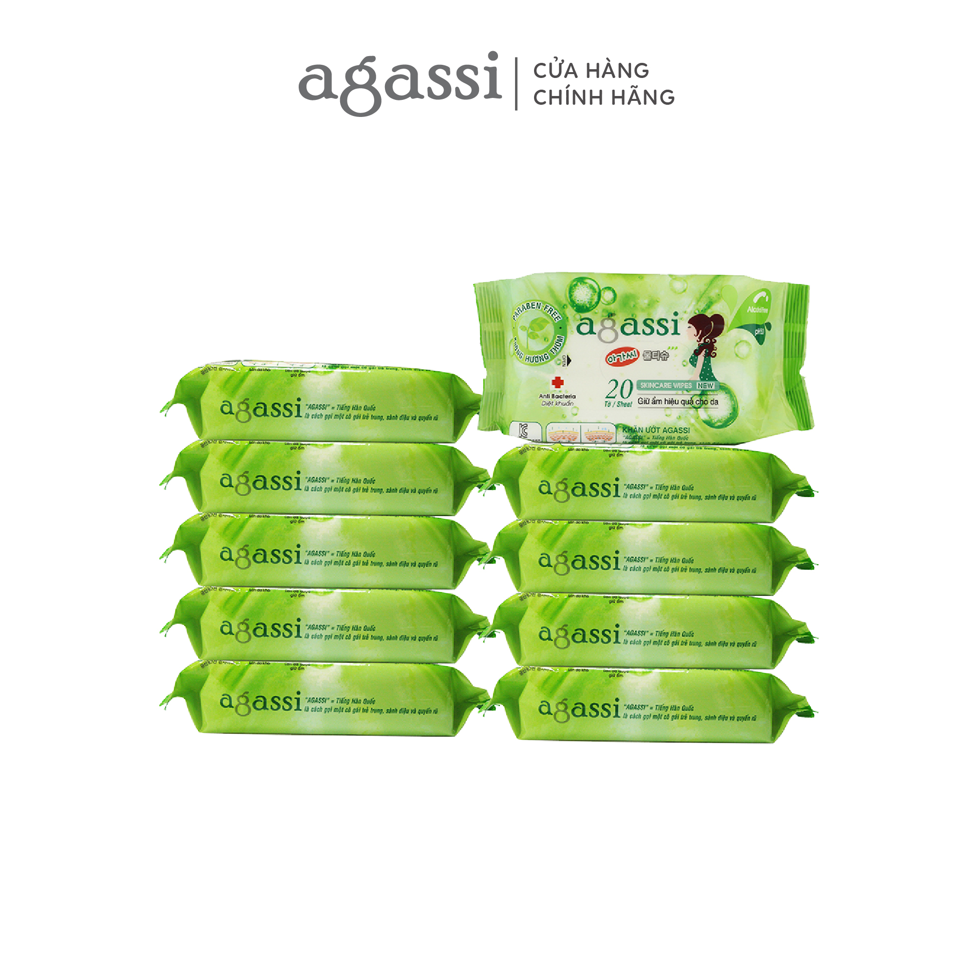 Combo 10 gói khăn ướt Agassi 20 tờ (xanh lá)