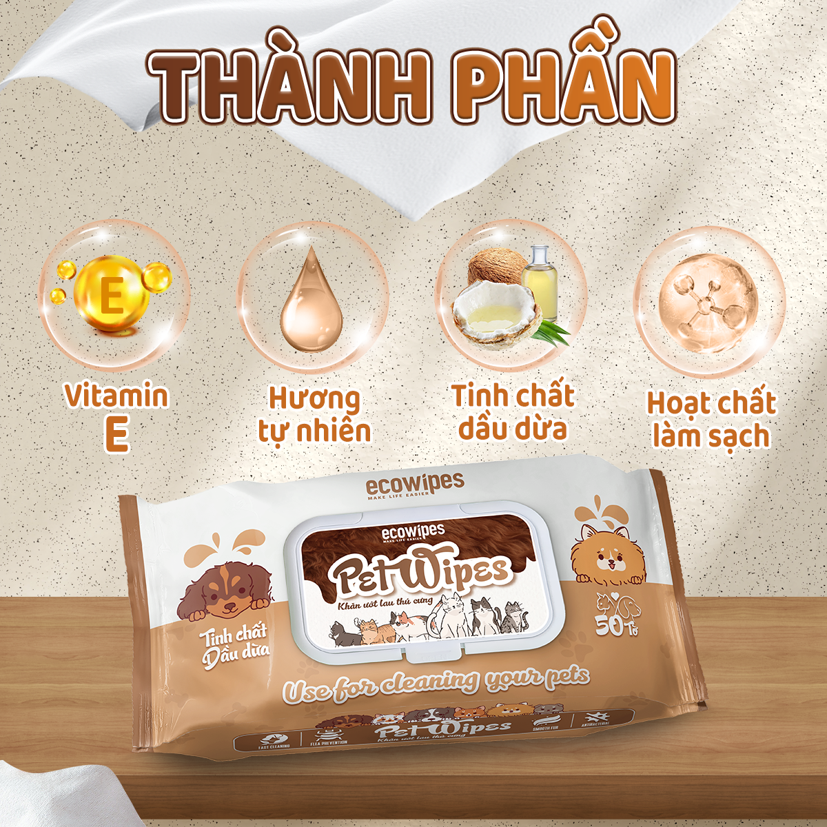 Hình ảnh Khăn ướt vệ sinh thú cưng Pet Wipes gói 50 tờ mùi hương tự nhiên vừa làm sạch khử mùi cho chó mèo