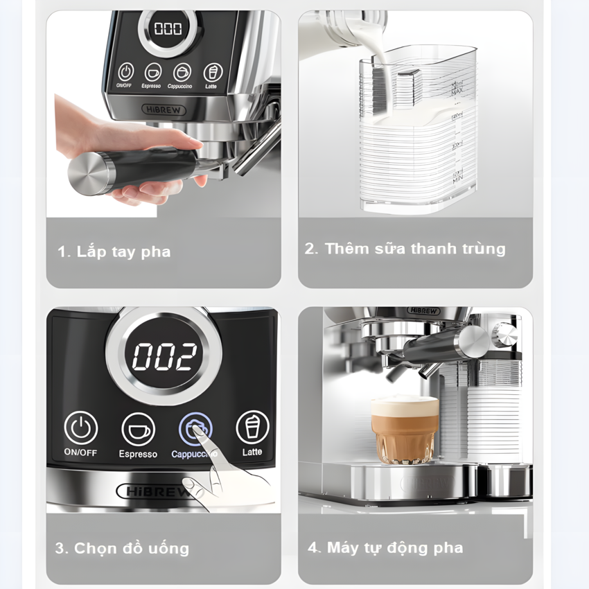 Máy pha cà phê Espresso bán tự động 3 trong 1 Thương hiệu HiBREW H13A Mỹ Với Công suất 1350W, Áp suất 20 bar - Bảo hành 12 tháng, Hàng Nhập Khẩu