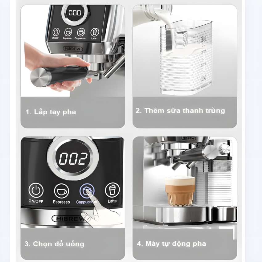 HÀNG CHÍNH HÃNG - Máy pha cà phê Espresso bán tự động, 3 trong 1 tự động pha Espresso, Latte, Cappuccino. Thương hiệu Mỹ cao cấp HiBREW - H13A