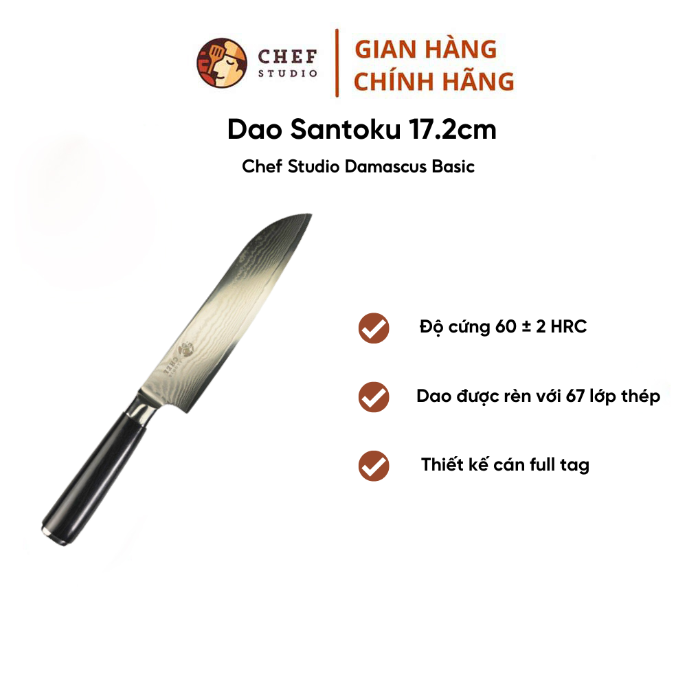 Dao Santoku Chef Studio - Damascus Basic độ dài 17.2cm, chuyên dùng cắt thái thịt, cá, rau củ quả