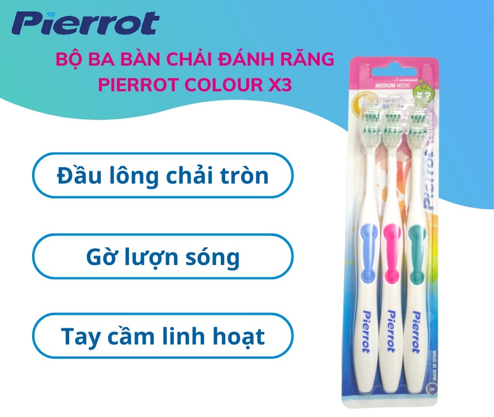 [ Tặng Cạo Lưỡi ] Bộ ba bàn chải sắc màu mềm Pierrot