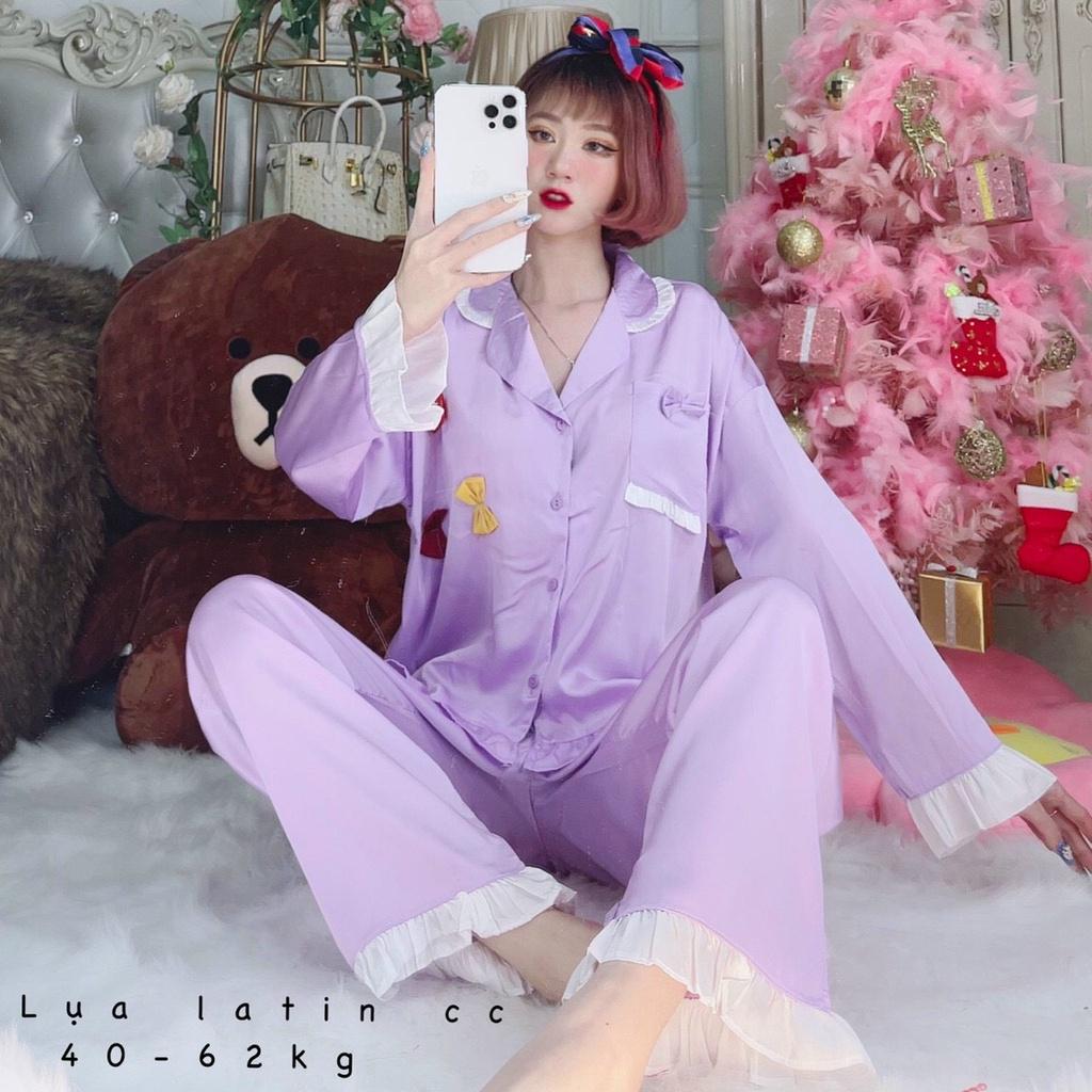 Đồ ngủ nữ, đồ bộ mặc nhà Pijama tiểu thư chất lụa latin tay dài quần dài dễ thương- Freesize dưới 62kg