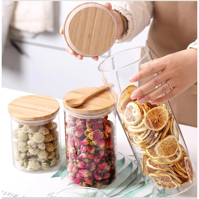Hũ thủy tinh tròn nắp tre hít kín hơi 750ml - 1L- 1.5L - 2L