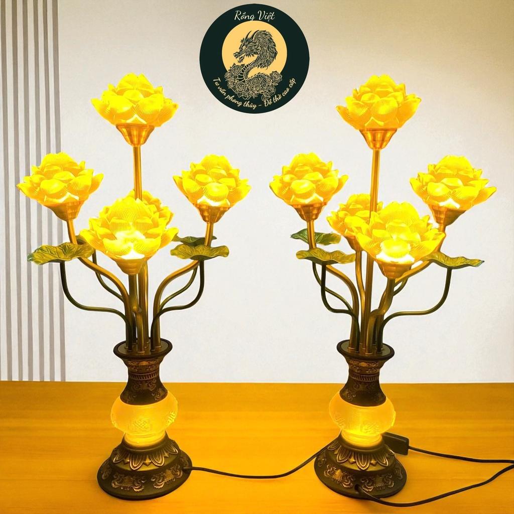 Đèn thờ 5 bông lưu ly RỒNG VIỆT - Thiết kế tinh xảo, thân đồng sắc nét, cho ban thờ thần tài.