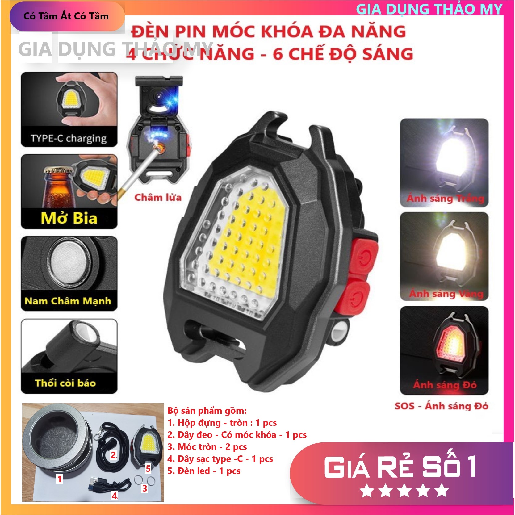 Đèn LED Mini Móc Khóa - Đèn Pin COB - Đèn Pin Dã Ngoại - Sạc USB Tiện Dụng- Kiêm hộp quẹt