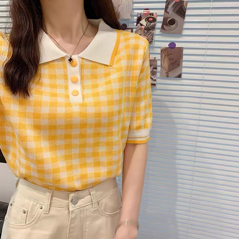 Áo polo caro dệt kim nữ tay ngắn dáng rộng len mongtogi kiểu cổ bẻ phối màu thời trang hàng đẹp Quảng Châu cao cấp