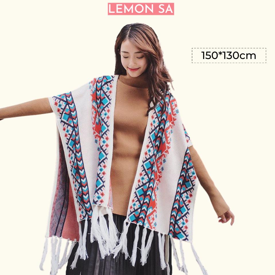 Khăn Áo choàng boho thổ cẩm cho nữ Khăn len quàng cổ mùa thu đông kiểu khoác ngoài poncho có cúc 2 bên - Mã LE38