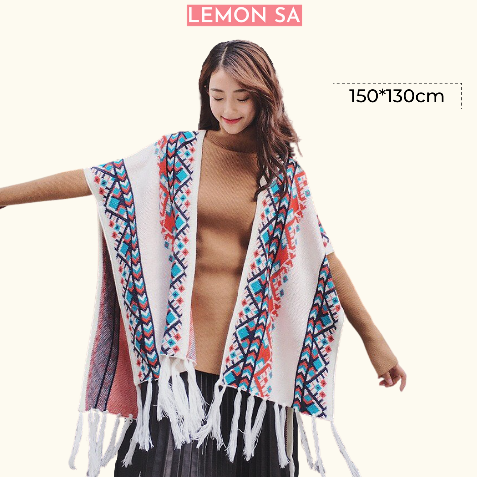 Khăn Áo choàng boho thổ cẩm cho nữ Khăn len quàng cổ mùa thu đông kiểu khoác ngoài poncho có cúc 2 bên  - Mã LE38