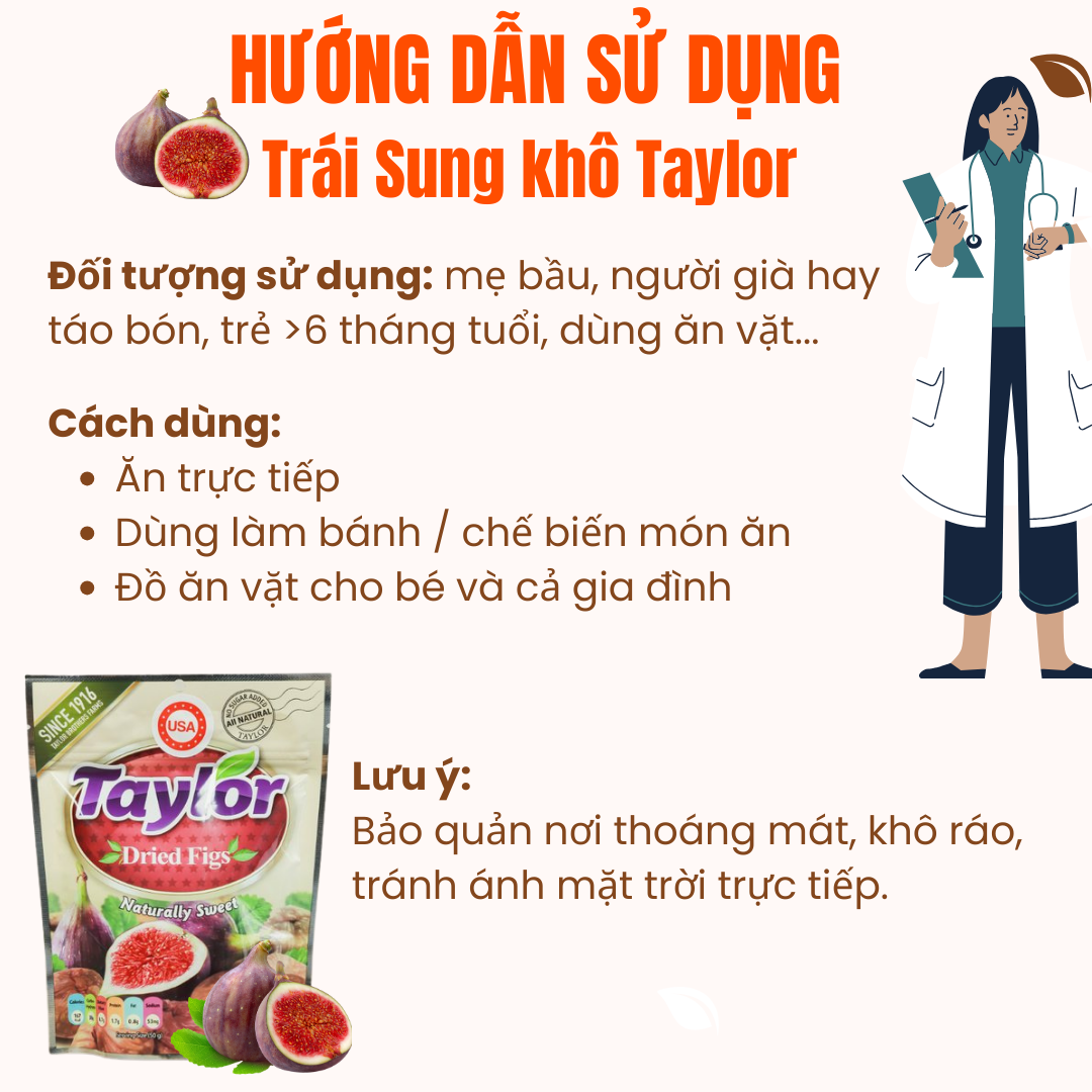 Sung Khô Hữu Cơ Vả Khô Taylor Tự Nhiên Cao Cấp  Ít Đường) Không Chất Bảo Quản Xuất Sứ Mỹ 190g