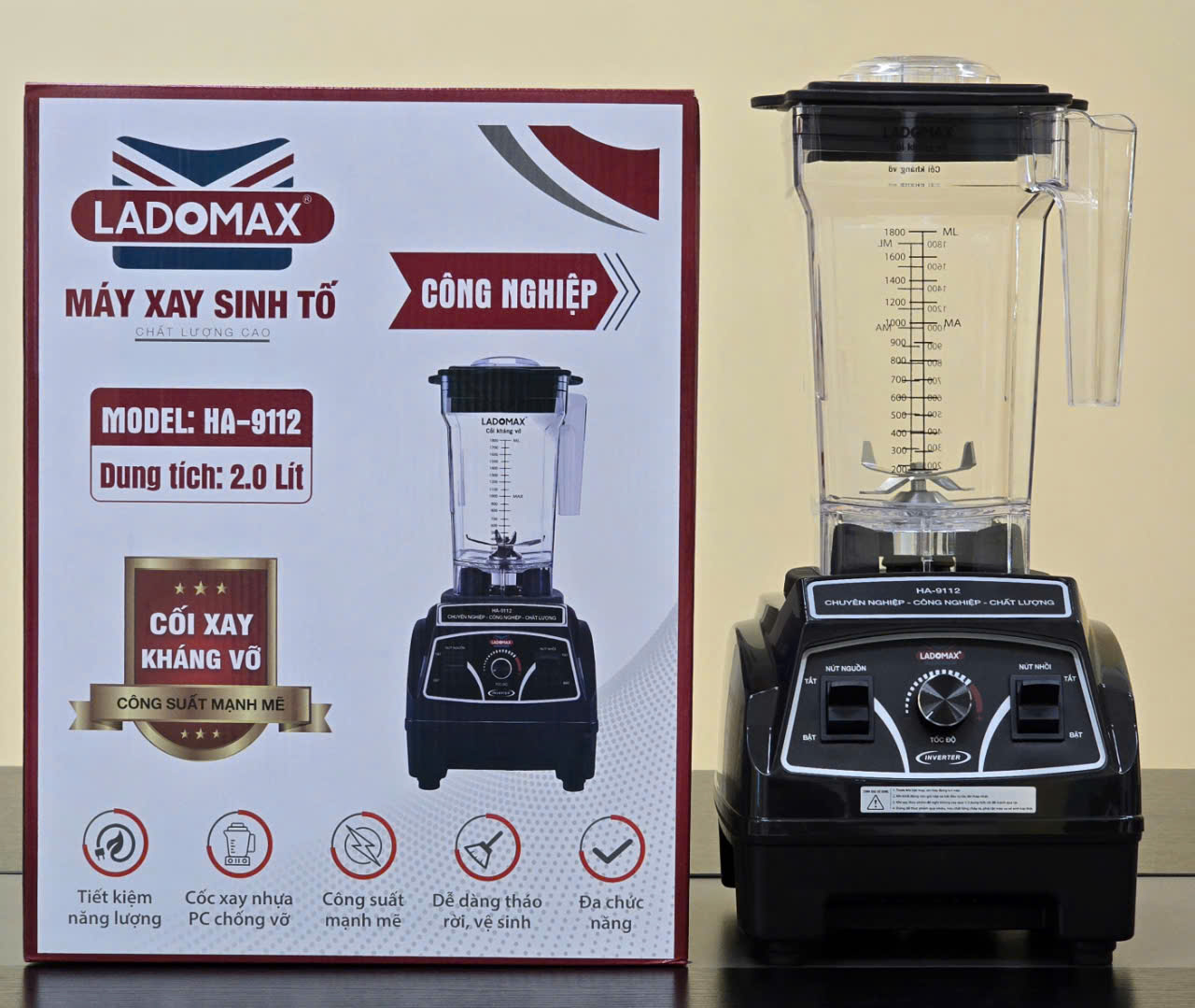 Máy xay sinh tố công nghiệp 1860W Ladomax HA-9112 xay đá, rau má, sinh tố chuyên quán - Hàng chính hãng