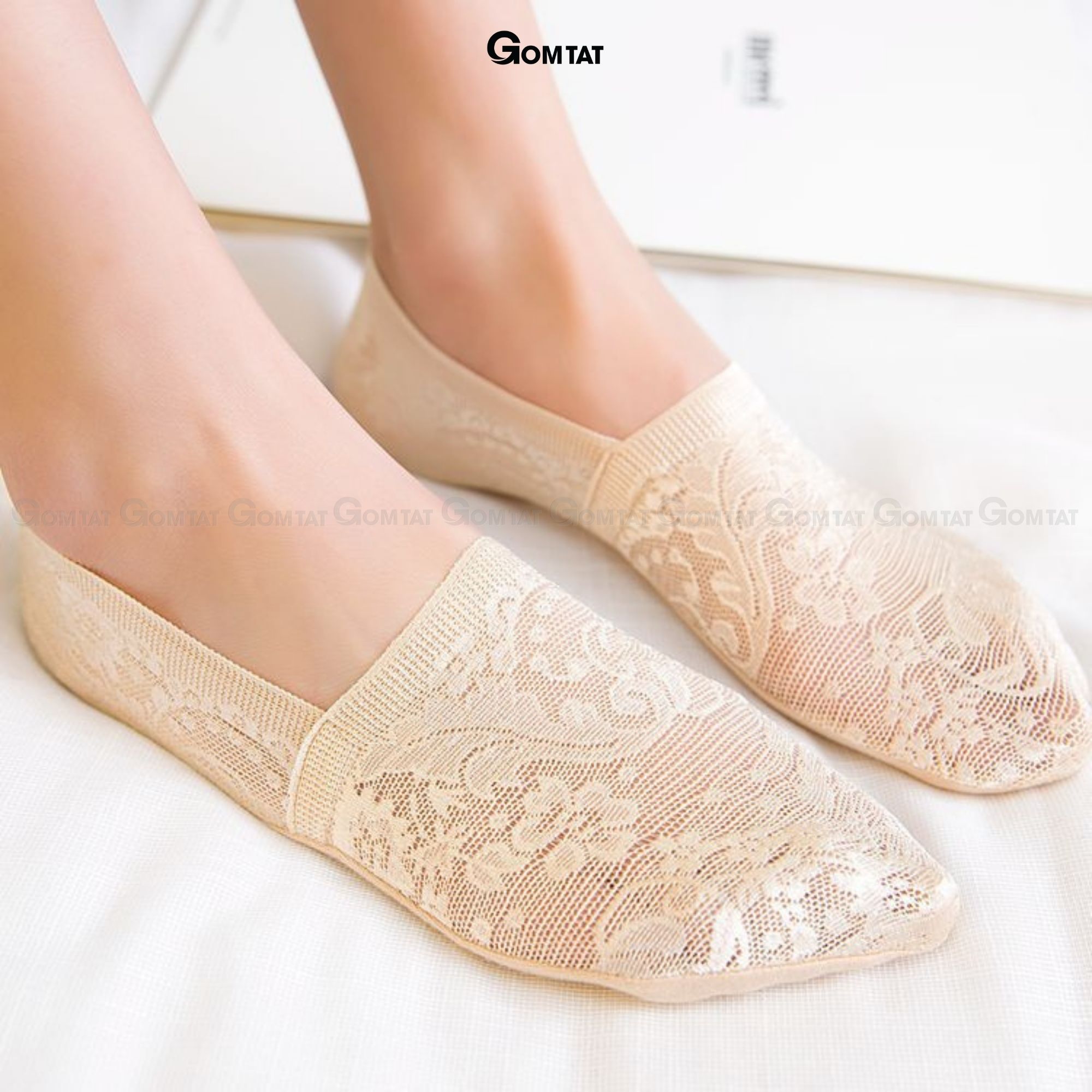 Tất nữ đi giày búp bê có bo thun chống tuột gót, vớ lười nữ chất liệu lụa phối ren cao cấp - LUAREN-PO-3028-1DOI