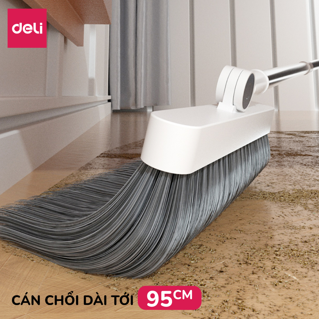 Bộ chổi quét nhà kèm hót rác tự gạt tóc xoay 180 độ Deli thông minh, chổi xẻng quét nhà gấp gọn
