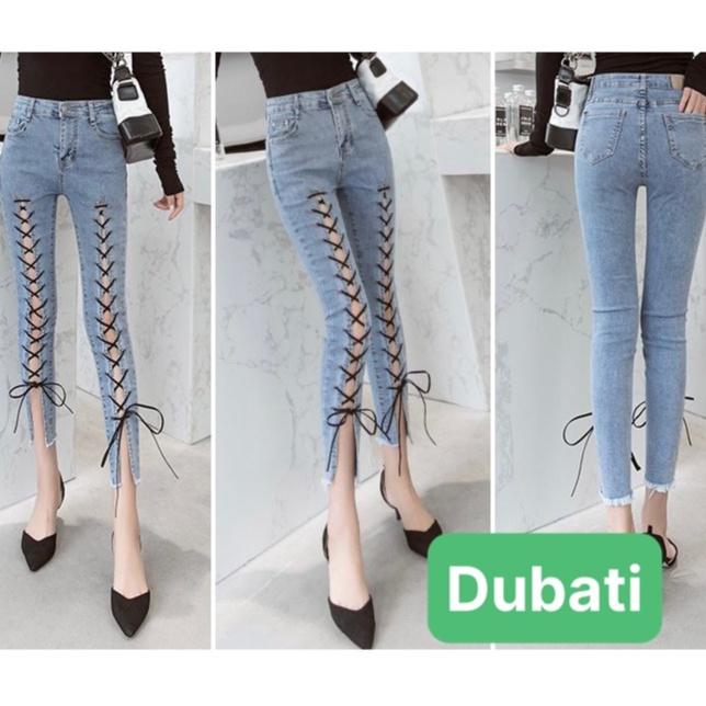 QUẦN JEAN NỮ CHẤT BÒ XANH DÂY CHÉO LƯNG CAO NÂNG MÔNG SIÊU HOT- DB 09- DUBATI FASHION