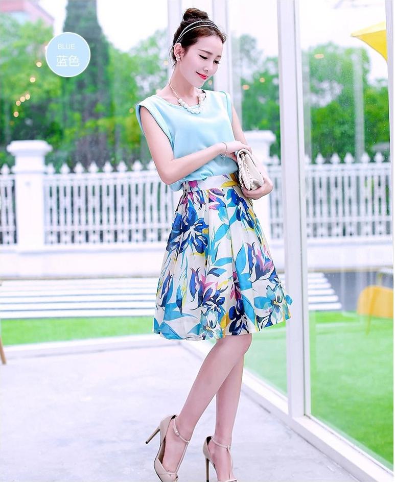 Set Váy hoa xòe và áo satin sát nách NT8021