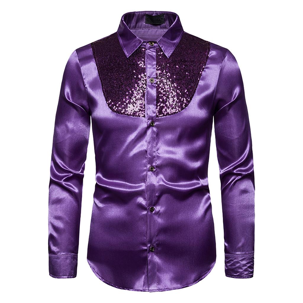 Mens Fashion Button Down Shirts Long Sleeve Sequins Tops Shirt M