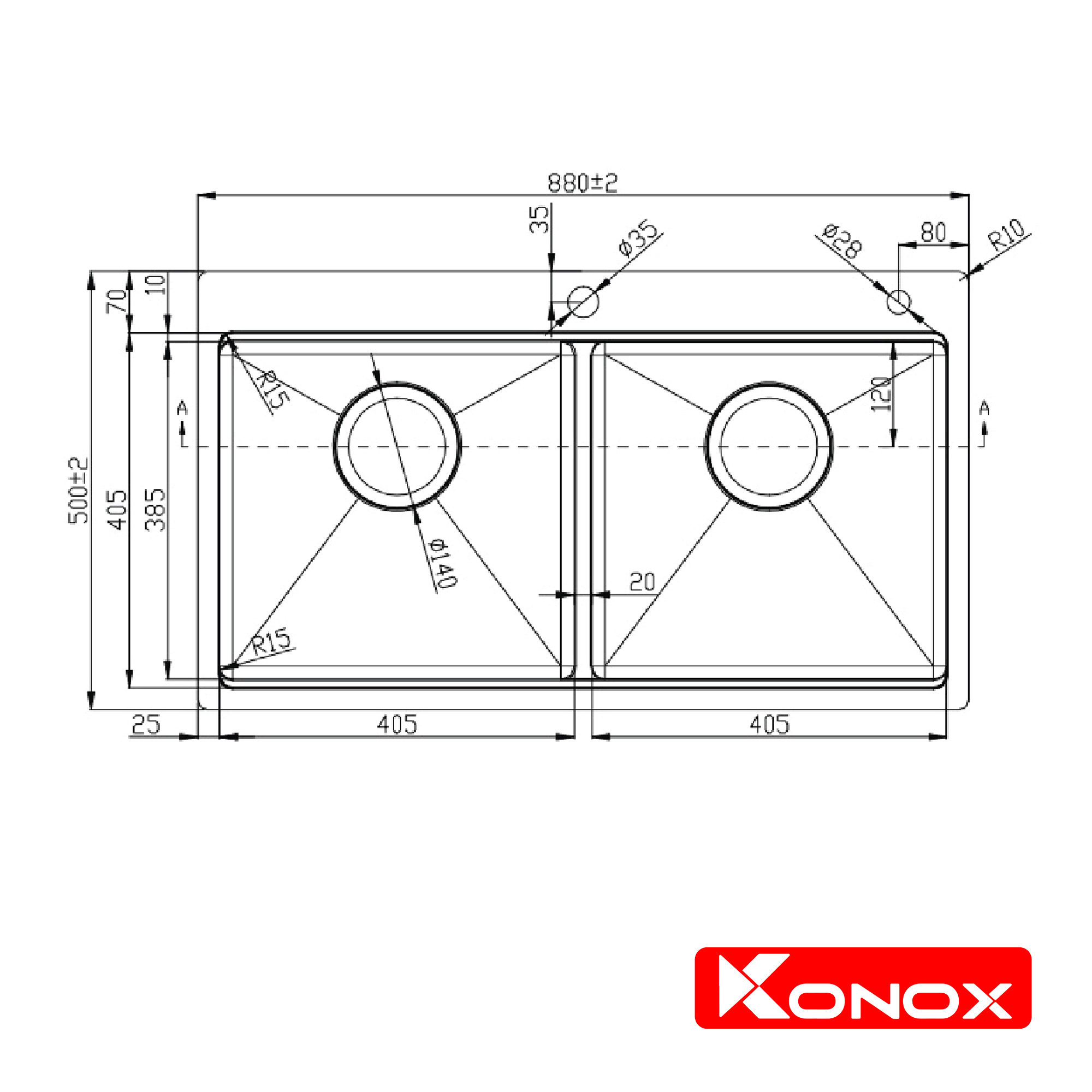 Chậu rửa bát Konox, Topmount Series, Model KN8850TD, Inox 304AISI tiêu chuẩn châu Âu, Hạ bậc tích hợp, 880x500x228(mm), Hàng chính hãng