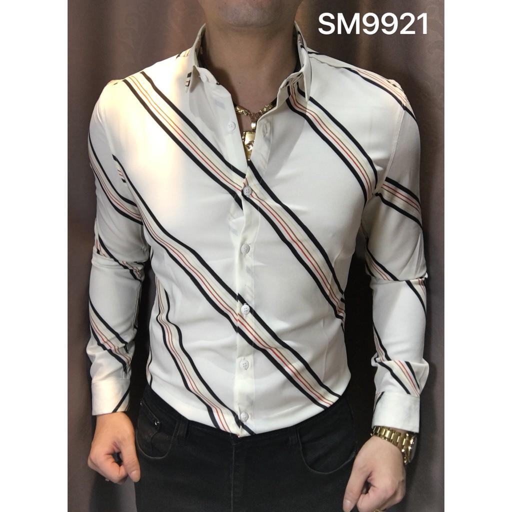 ÁO SƠ MI Nam Sọc chéo trắng đen 9921,chất liệu vãi thoáng mát,vãi không nhăn,vãi chống thấm mồ hôi,form body sang trọng