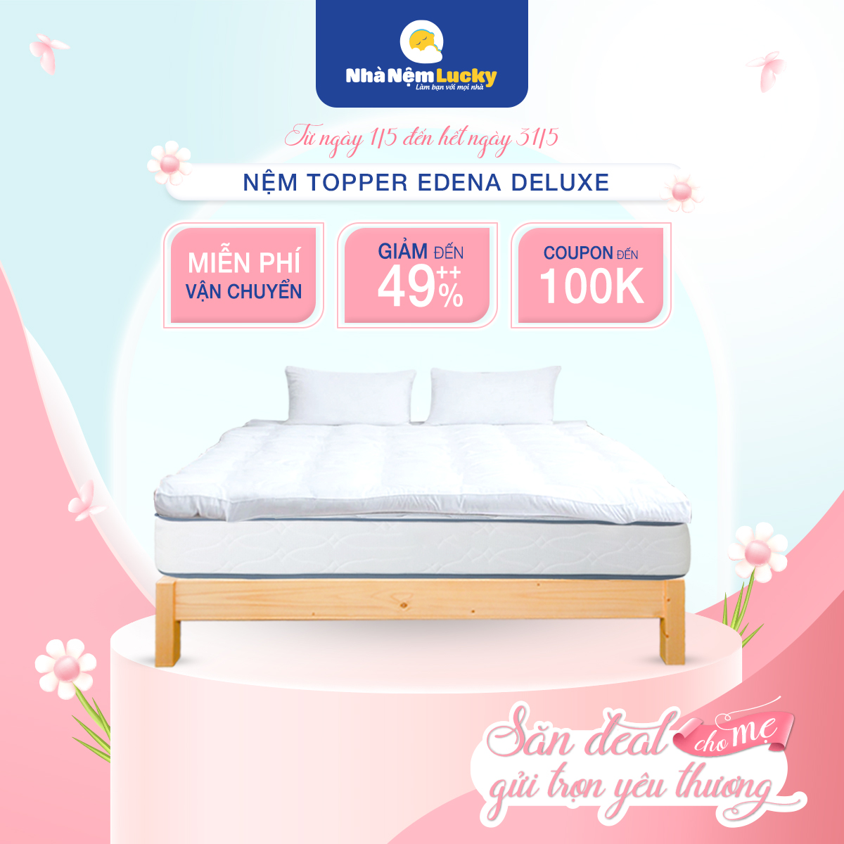 Nệm Topper Edena Deluxe - Topper MicroFiber - Tấm lót làm mềm, bảo vệ nệm - Dày 5cm - 6 Kích Thước