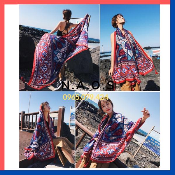 Khăn Choàng Quàng Cổ Boho Họa Tiết Thổ Cẩm Màu Xanh Lam - Chất Liệu Cotton - Size:90x180cm
