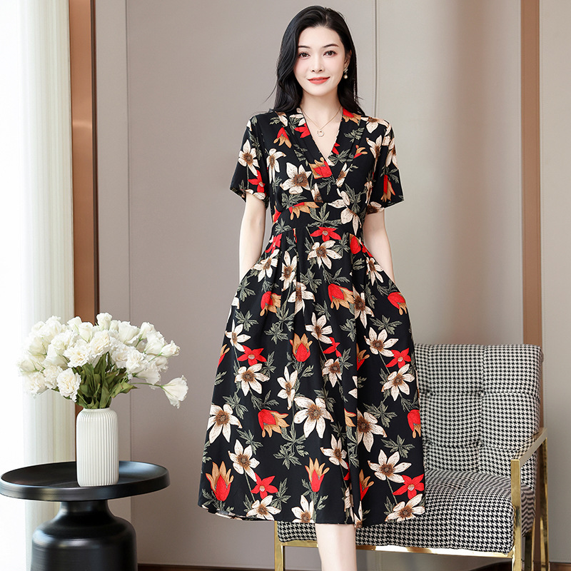 Hình ảnh (HÀNG SẴN) Váy Cotton Lụa Cổ V In Hoa Thanh Lịch VH06 - Hàng Quảng Châu Cao Cấp