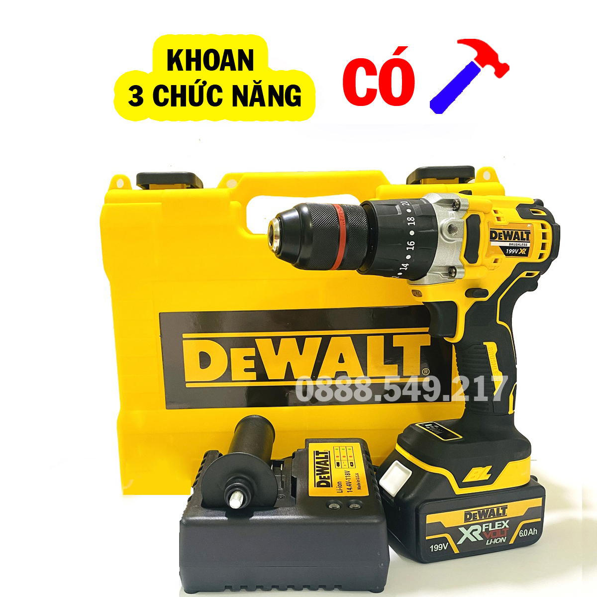 Khoan Pin Dewalt Chuyên Dụng 199V Có Búa, Pin 10 CELL AutoLock 13 Ly Không Chổi Than - Chuyên Khoan, Bắt Vít, Bắn tôn Cực Khỏe
