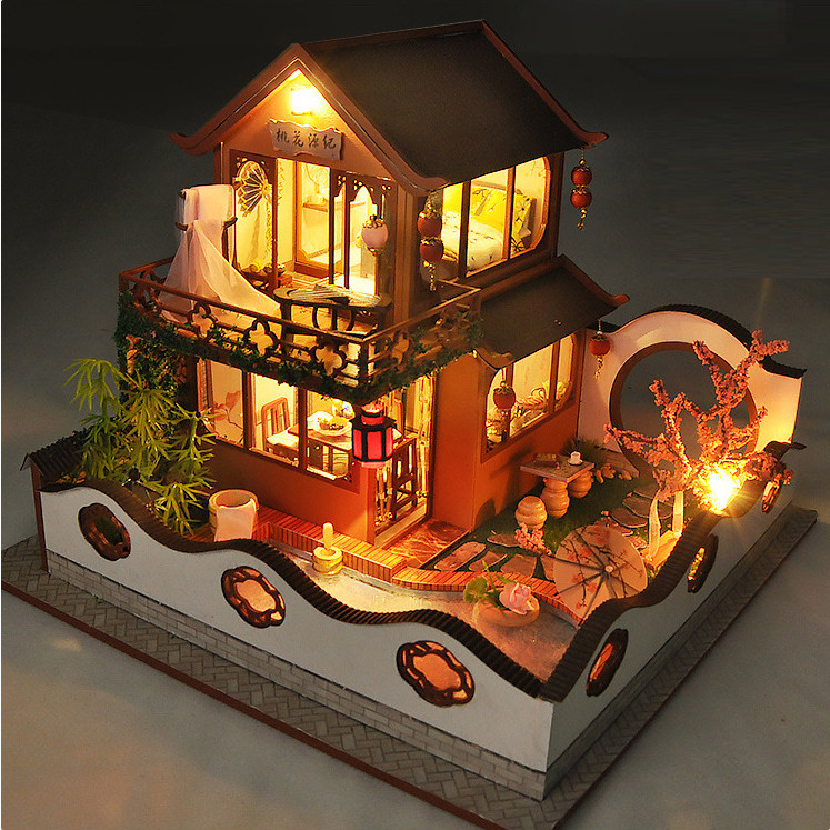 Mô hình nhà DIY Doll House Ancient Style Paradise Kèm Hộp nhạc và Mica Chống bụi