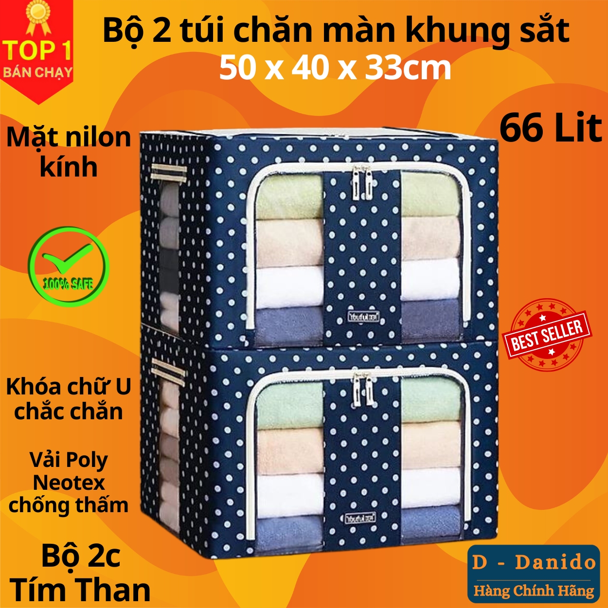 Bộ 2 Túi Đựng Chăn Màn Có Chọn Màu Combo 2 Túi Vải Quần Áo Khung Sắt Gấp Gọn Cao Cấp Amalife - Tím Than