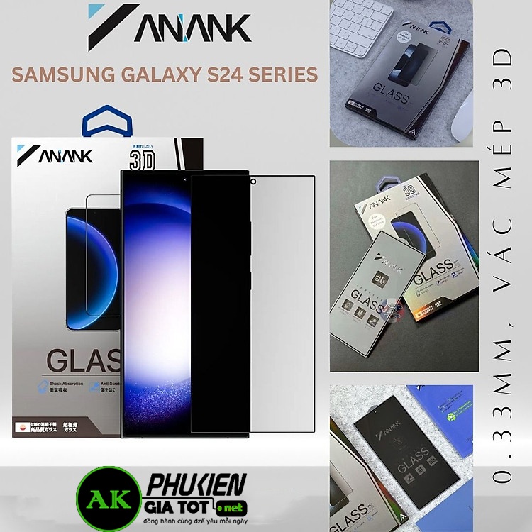 Miếng dán kính cường lực chống nhìn trộm cho Samsung Galaxy S24 Ultra hiệu ANANK 3D - Mỏng 0.33mm, vác mép 3D, Độ cứng 9H, cảm biến vân tay nhạy - Hàng nhập khẩu