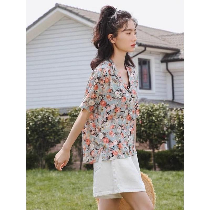 Áo sơmi cổ vest xanh hoa đỏ cao cấp