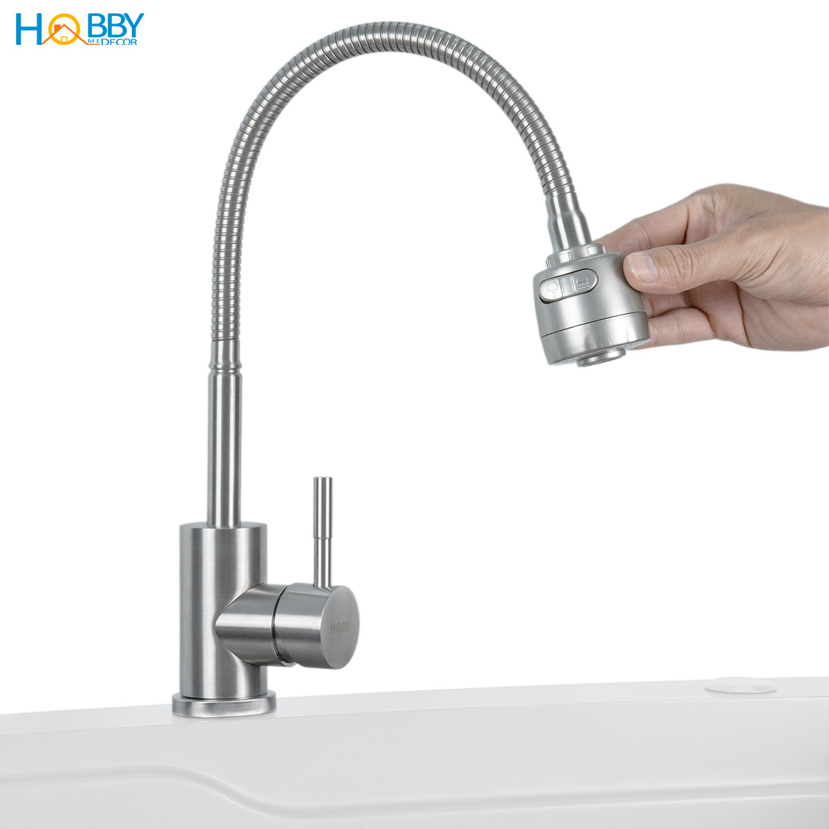 Vòi rửa chén nóng lạnh Inox 304 thân lò xo cong Hobby home decor LXNL1