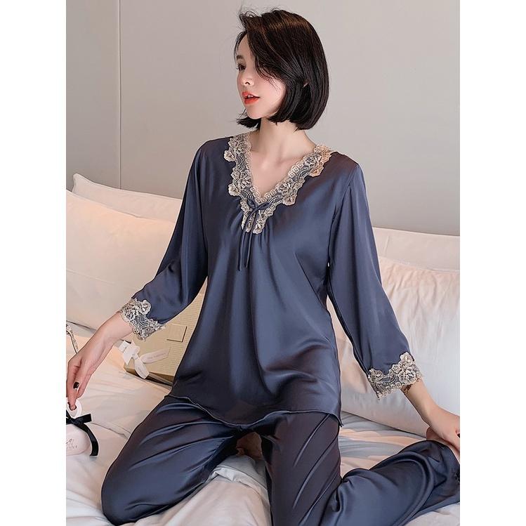 Đồ Bộ Nữ - Bộ Lụa Dài Tay Sang Màu Trơn Xanh và Hồng Cổ Áo Cách Điệu Viền Ren DDLP19