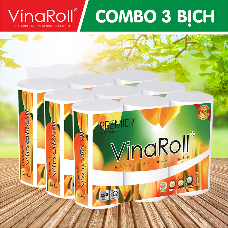 Giấy vệ sinh PREMIER VinaRoll không lõi - Combo 3 lốc