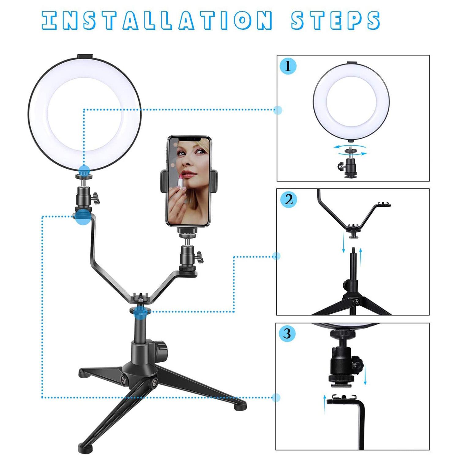 6 Inch/16cm Photography Ring Video Light Dimmable LED Fill Light Selfie Ring Light with Tripod V-shaped Bracket Phone