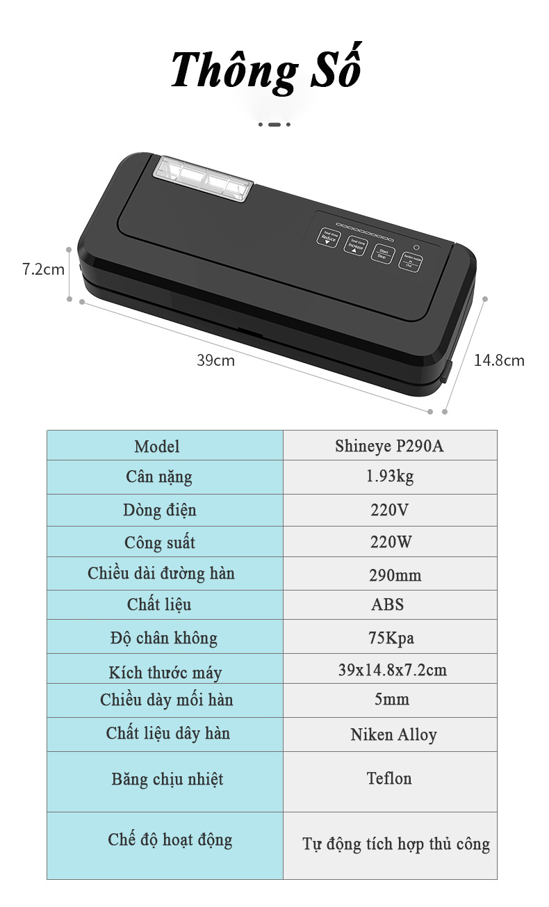 Máy Hút Chân Không Không Kén Túi Shineye P290A, Hút Khô và Hút Ướt, Công Suất Mạnh Mẽ 220W, Tặng Kèm 10 Túi Hút Chân Không, Hàng Chính Hãng