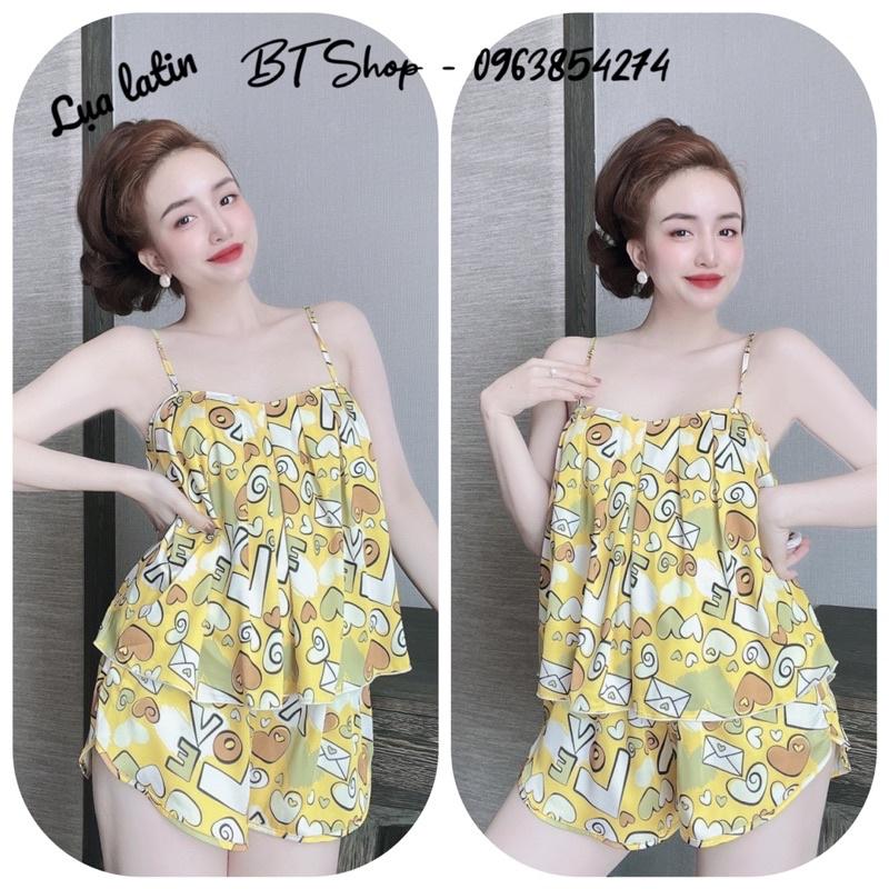 Bộ ngủ lụa latin 2 dây xếp ly hoạ tiết freesize từ 42-57kg