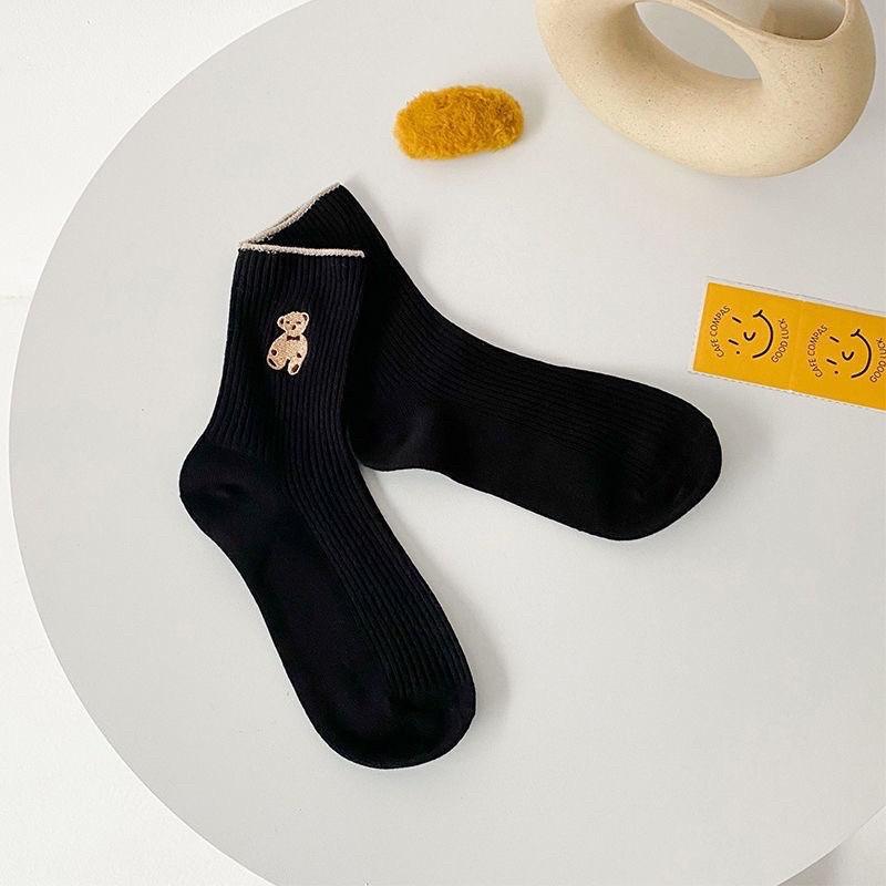 Tất bèo nữ cổ cao, vớ cổ cao vải cotton thêu hình chú Gấu Teddy phong cách thời trang Hàn Quốc - TD68